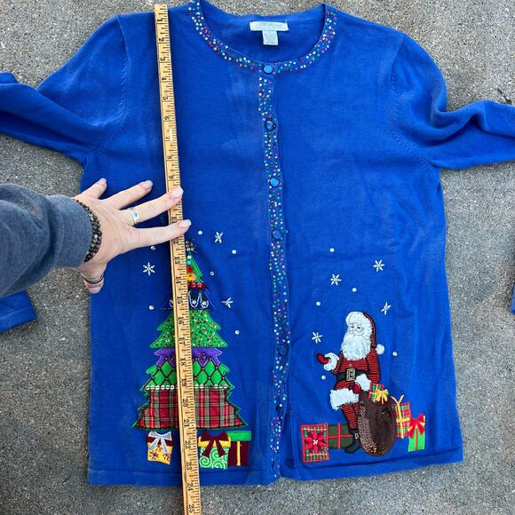Vintage Blue Light Weight Christmas Cardigan Sweater Santa Presents Tree SMALL - Picture 7 of 9